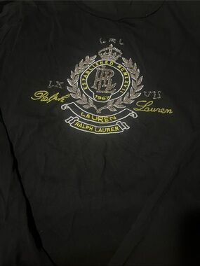 Ralph Lauren Black Long Sleeve Tee with Silver and Yellow Embroidered Crest